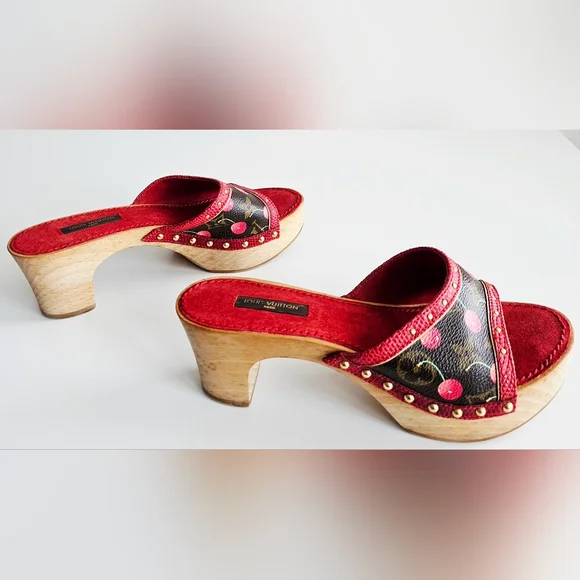 Louis Vuitton Red Cherry Takashi Murakami Monogram Wooden Clogs Mules EU 36.5